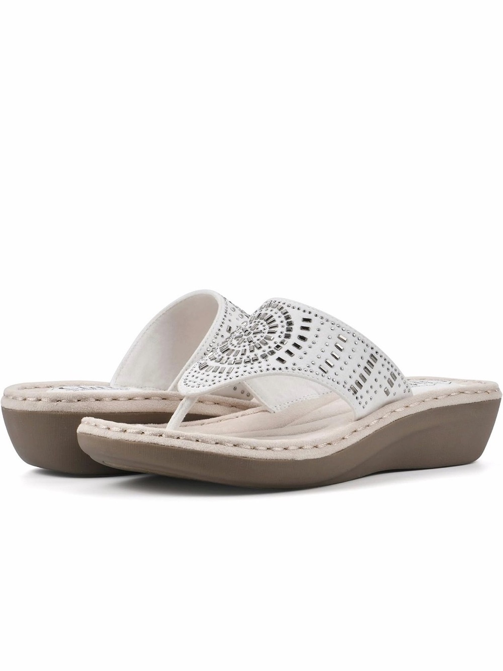 White Mountain White and Taupe Rhinestone Toe-Post Wedge Sandals